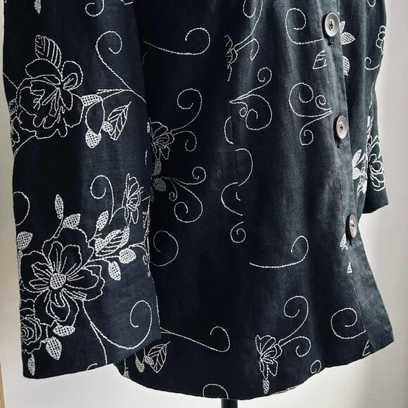 JM Collection Lined Black Linen Floral Embroidered Mandarin-Collar Jacket – US 8 - Picture 3 of 12